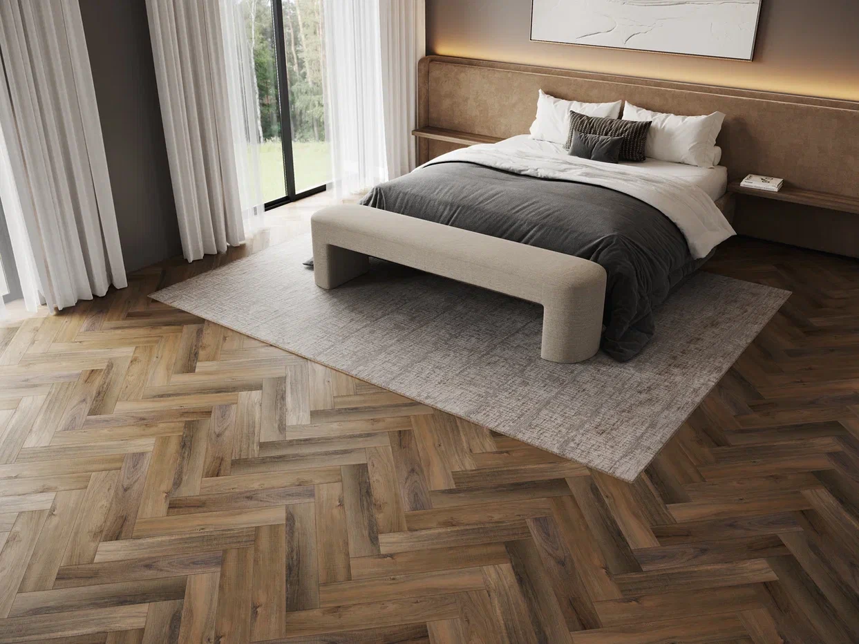 Кварцвиниловый SPC ламинат Home Expert Parquet Гикори натуральный 33-71W908/33-3010 венгерская елка 615×123×3,5 фото в интерьере